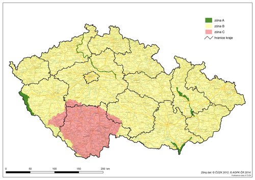 Mapa ČR s vyznačením zón A, B a C. Zóna A je z hlediska ochrany bobra evropského na území ČR prioritní.