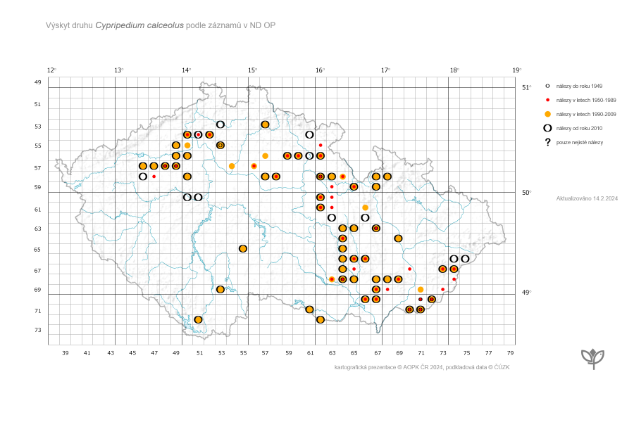 Mapa výskytu orchideje střevíčník panfotlíček v České republice.